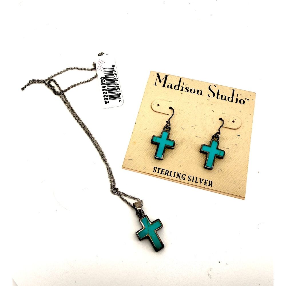 Sterling Silver  and Blue Enamel Cross Earring and Necklace Set